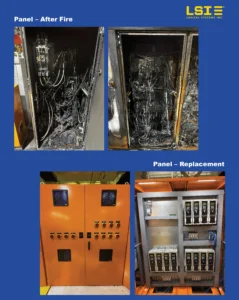 Two burned electrical panels with extensive charred wiring, showing inner components and melted insulation, set on a blue background with 'Panel – After Fire' and 'Panel – Replacement' captions.